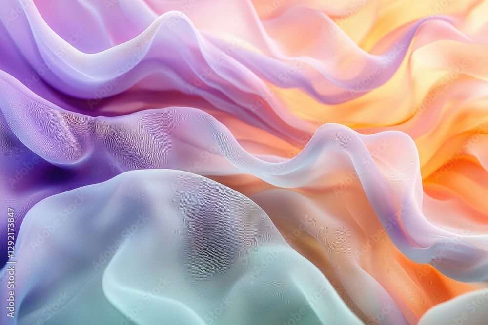 Obraz premium Soft pastel fabric drapes in gentle waves, showcasing a beautiful ombre effect of purple, blue, and orange hues.