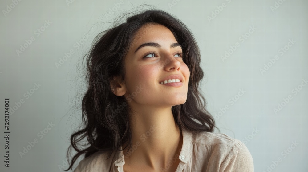 Happy Young Woman Looking Away in Studio with Soft S Happy Young Woman Looking Away in Studio with Soft S