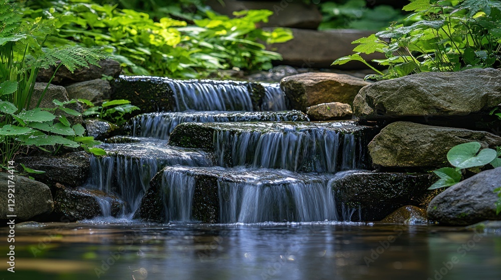 Cascading waterfall, garden stones, lush greenery, serene water feature Cascading waterfall, garden stones, lush greenery, serene water feature