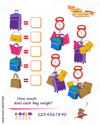 Mathematical logic puzzle game for smartest. How much does each bag weigh? Solve examples and write the numbers. Find solution for all scales. Brain teaser book. Count and play. Vector illustration.