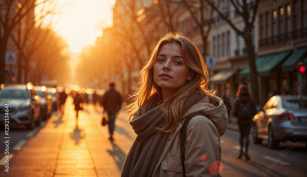 Fototapeta premium Young woman with long hair in a city street at sunset, capturing warm urban vibes