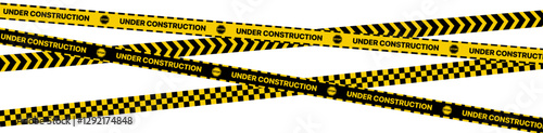 Under construction page. Caution yellow tape construct warning line background sign web page security caution.  Seamless Design with Included Brushes	