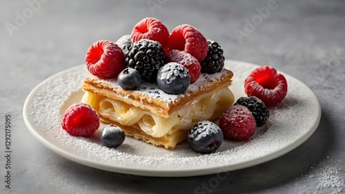 Pastry with fresh berries and cream, sweet dessert on white plate, delicious food photo