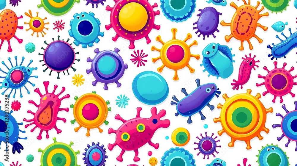 Fototapeta premium Vibrant Microbes: A colorful illustration showcases a variety of animated, microscopic organisms, highlighting the diversity and beauty of the unseen world, promoting the exploration of microbiology.