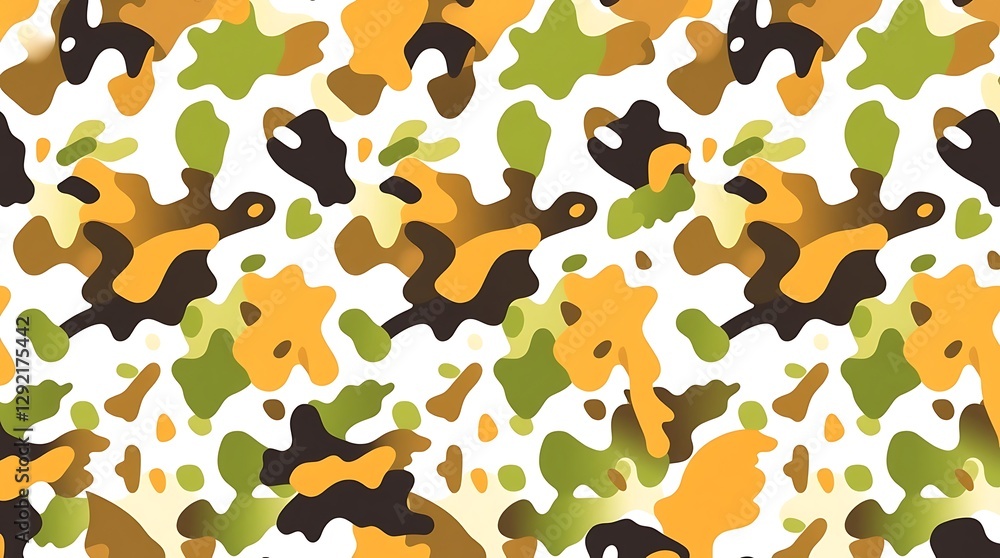 Camouflage Pattern: A seamless pattern showcasing an abstract camouflage design in vibrant earth tones and shades of yellow and brown, a versatile backdrop for various design applications.