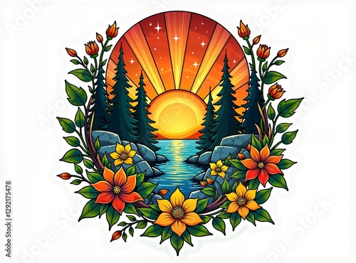 Symbolic traditional tattoo art print of crisp air turning warm, sunlit landscape, nature elements, in vibrant colors, retro flair, complex ornamental, white background