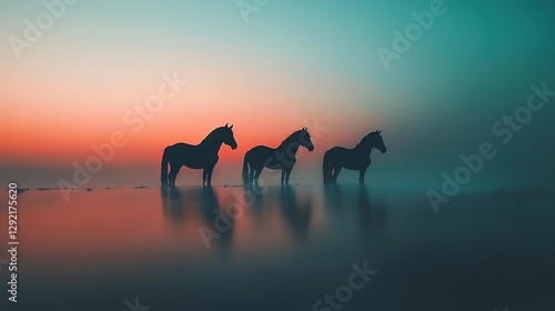   A group of horses stand beside each other on a foggy day amidst a body of water