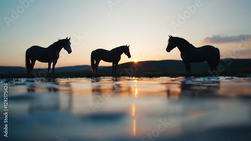   A group of horses grazing by a lake at sunset