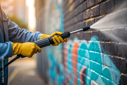 Close Up on Hands Cleaning Service Worker Removing Graffiti From Wall With Pressure Washer.	