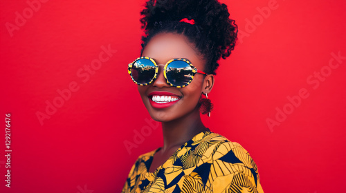 Beautiful woman wearing stylish sunglasses and smiling against red background. African female model wearing funky sunglasses.