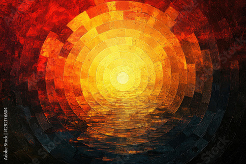 Abstract concentric circles radiating outwards from a bright center, reminiscent of a sunset over water, rendered in warm hues of orange, red, and yellow. photo