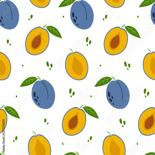 Plum seamless pattern. Whole and halves of fruits with leaves and pits on white background. Vector illustration. Hand drawn design for fabric print, wallpaper, paper, interior decor and more.