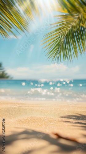 Fototapeta Naklejka Na Ścianę i Meble -  Abstract blurred background featuring a tropical beach scene with sunlight rays Golden sand clear water and palm leaves under a bright sky create a summer vacation vibe Copy space available