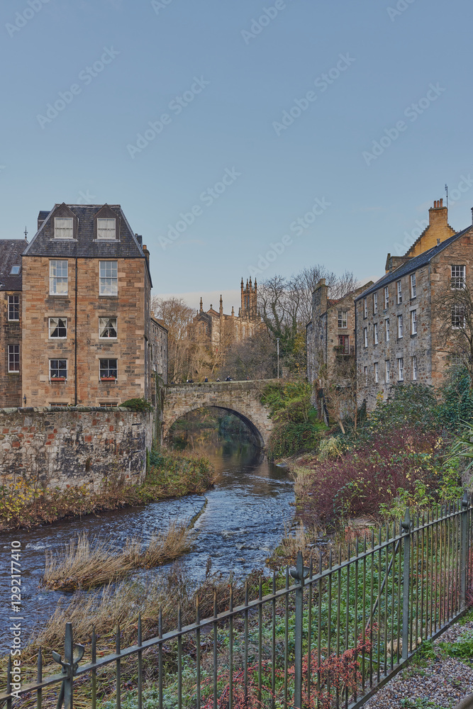 Views of Dean Village, Edinburgh, Scotland, United Kingdom with a flowing river