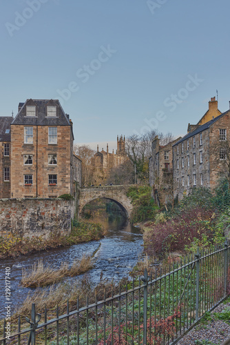 Obraz na płótnie Views of Dean Village, Edinburgh, Scotland, United Kingdom with a flowing river w salonie