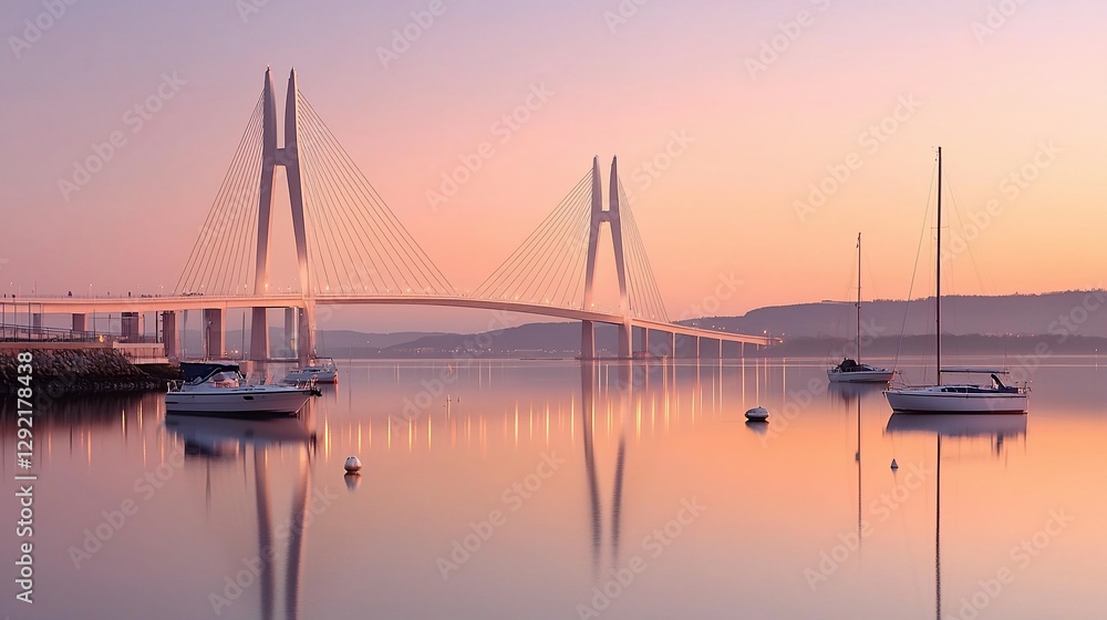 Calm sunrise over cable-stayed bridge and calm water with boats. Calm sunrise over cable-stayed bridge and calm water with boats.