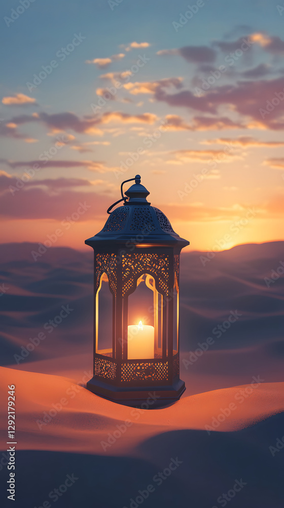 An old-fashioned lantern glowing in the desert at sunset, casting warm light on the sand dunes
An old-fashioned lantern glowing in the desert at sunset, casting warm light on the sand dunes