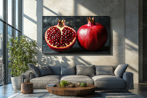 Contemporary Living Room with Pomegranate Artwork and Natural Light