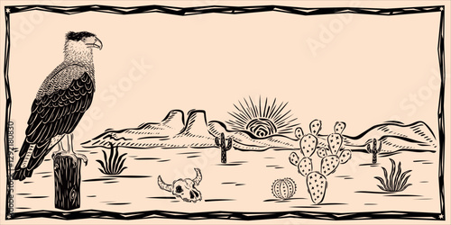 Natural desert landscape with a perched hawk, cactus and a sunset. Drawn in woodcut style. Vector illustration.eps