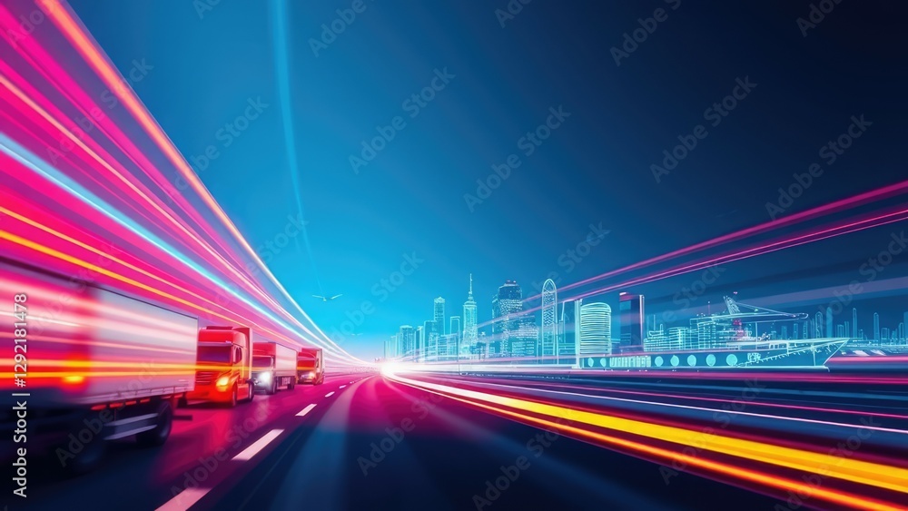 Fototapeta premium Rapid movement through a futuristic city skyline with vibrant light trails at dusk. Generative AI