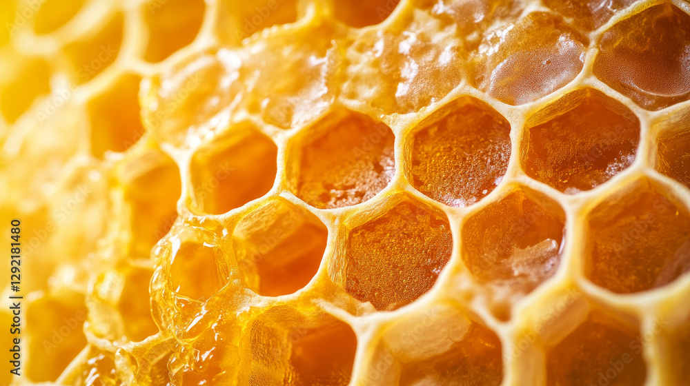 Background texture and pattern of a section of wax honeycomb from a bee hive filled with golden honey in a full frame view Background texture and pattern of a section of wax honeycomb from a bee hive filled with golden honey in a full frame view