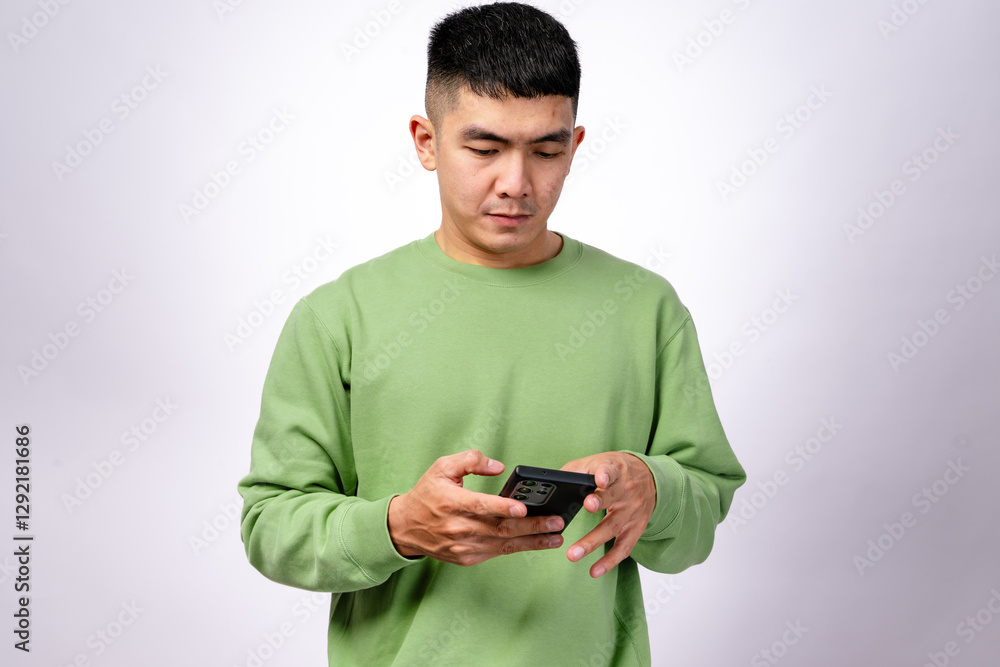 An Asian man in a green sweatshirt is focused on his smartphone, holding it with both hands while looking at the screen. His expression is neutral. The background is white An Asian man in a green sweatshirt is focused on his smartphone, holding it with both hands while looking at the screen. His expression is neutral. The background is white