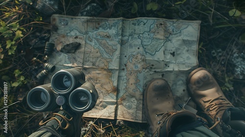 A detailed shot of binoculars and a map laid out on the ground, with hunting boots beside them.

 photo