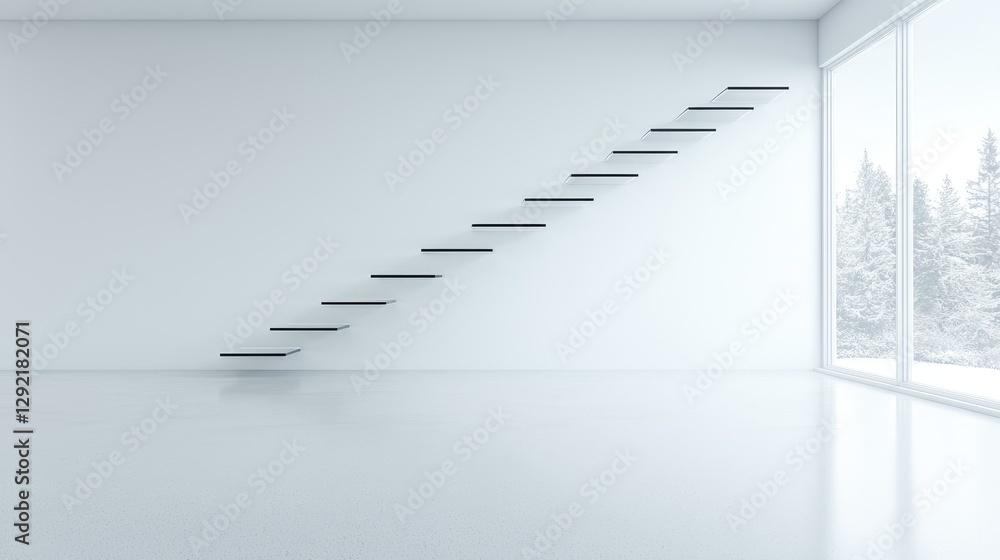 Obraz premium Modern minimalist room, glass stairs, winter view