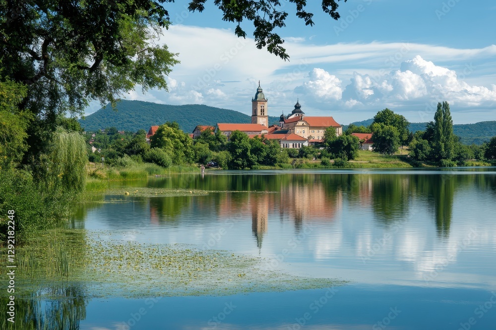 Scenic view of the benedictine abbey in tihany reflecting on lake balaton under a cloudy sky Scenic view of the benedictine abbey in tihany reflecting on lake balaton under a cloudy sky