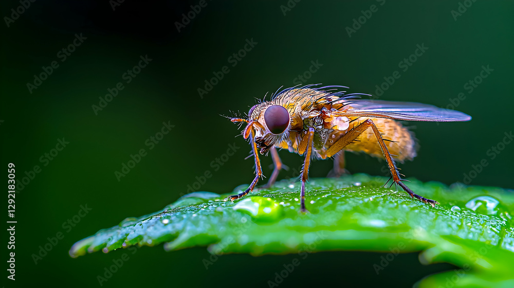 Detailed Close-up of a Small Yellow Fly on a Dew-Covered Green Leaf Detailed Close-up of a Small Yellow Fly on a Dew-Covered Green Leaf