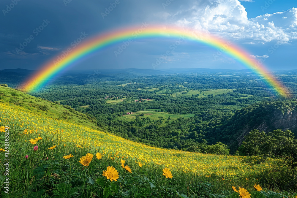 Naklejka premium Vibrant Rainbow Arches over Lush Valley Vista with Wildflower Meadow
