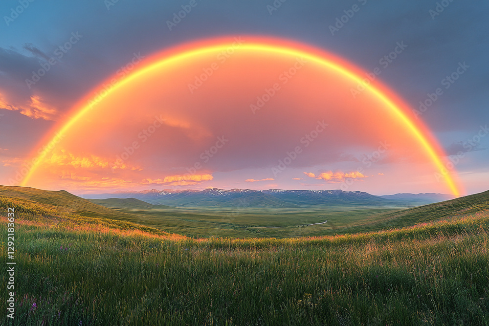 Naklejka premium Golden Arch Over Serene Valley, A Tranquil Landscape Under Rainbow Glow