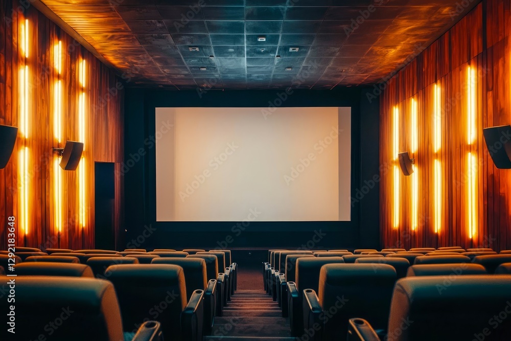 Fototapeta premium Home theater room with large screen, comfortable recliner seats, and dim lighting.