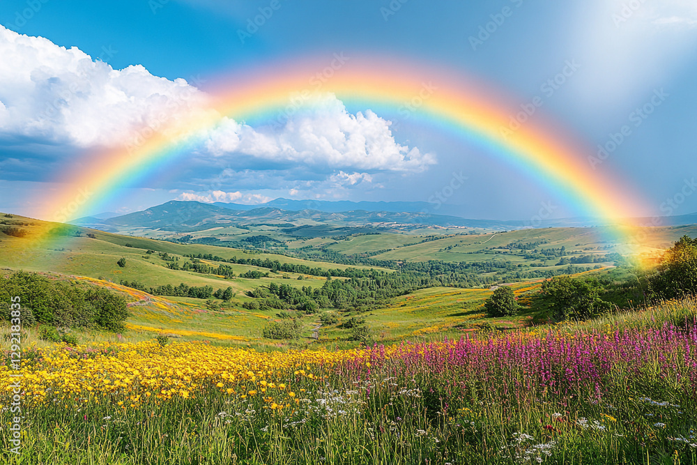 Obraz premium Vibrant Flower Meadow Under a Colorful Rainbow in Rolling Hills