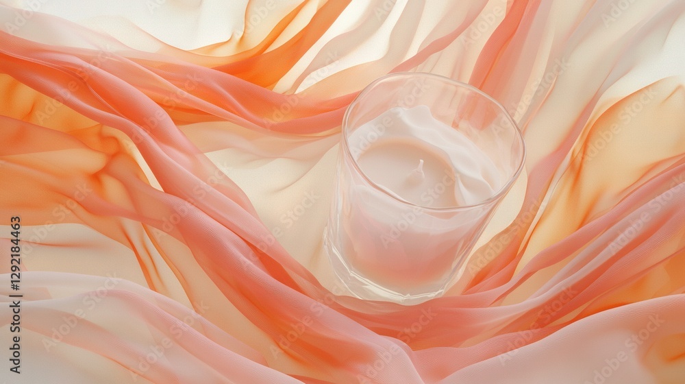 Obraz premium A white table with pink and orange cloth, holding a glass atop it