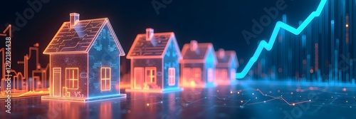 Glowing holographic houses neon light, modern real estate concept graph chart, wide panorama