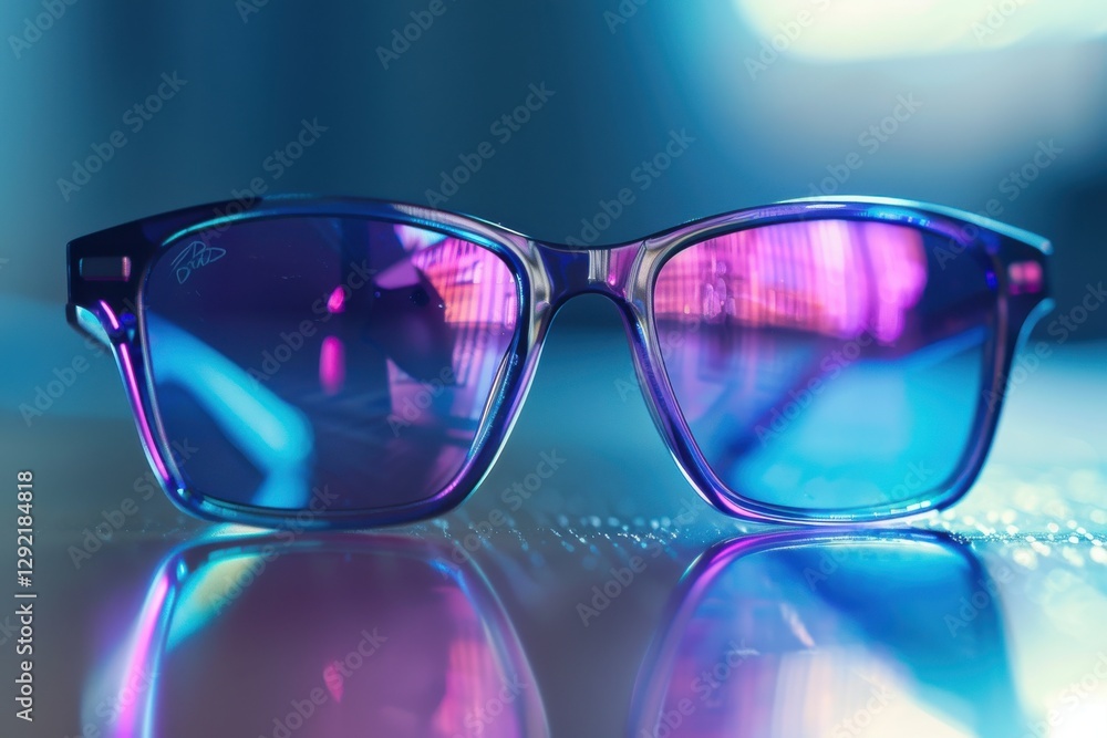 Colorful sunglasses reflecting vibrant lights on a surface Colorful sunglasses reflecting vibrant lights on a surface