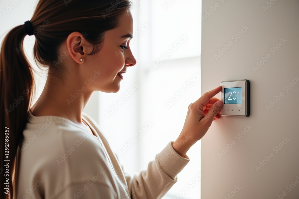Young Caucasian Woman Adjusting Thermostat in Brightly Lit Home, Showcasing Energy Efficiency and Comfort in Modern Living Spaces Young Caucasian Woman Adjusting Thermostat in Brightly Lit Home, Showcasing Energy Efficiency and Comfort in Modern Living Spaces