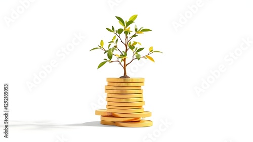 Small tree growing from stack of gold coins, financial growth successful investment concept