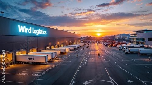 Logistics hub at sunset with trucks lined up ready for distribution in a bustling industrial area. Generative AI