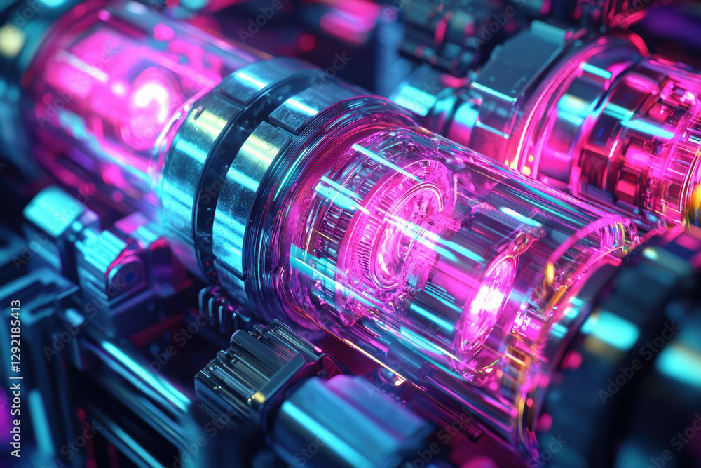 Close-up of vibrant, futuristic machinery with glowing pink and blue neon lights, intricate gears, and transparent tubes. Close-up of vibrant, futuristic machinery with glowing pink and blue neon lights, intricate gears, and transparent tubes.