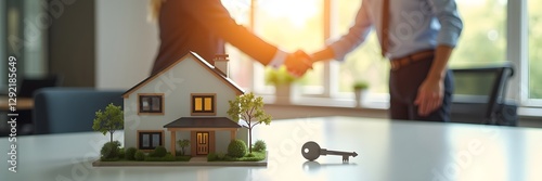 Real Estate Deal Handshake Over New Home Model and Keys, wide panoramic photo