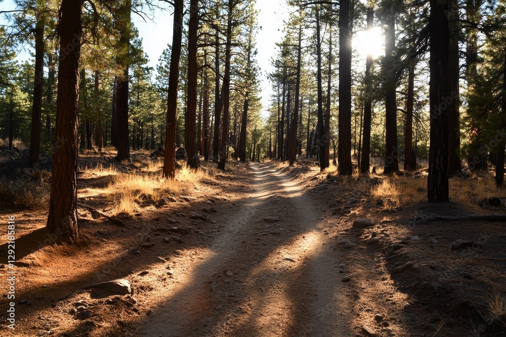 Fototapeta premium Sun shining through trees on dirt road in forest