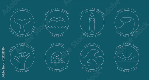 Simple minimalist line surfing badge, quote for sticker, t shirt, merch design. Trendy icons about surf, camp, holiday, vacation