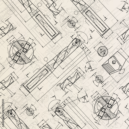 Mechanical engineering drawings on sepia background. Drill tools, borer. Technical Design. Cover. Blueprint. Vector illustration. Seamless pattern.