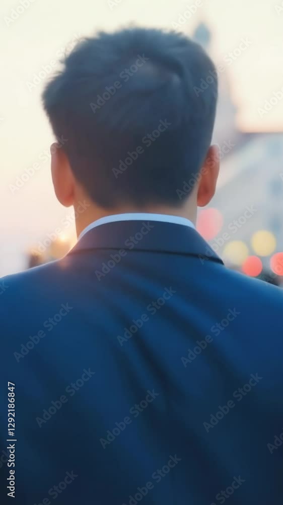 A man in a suit standing with his back to the camera, looking at a bustling city street, capturing a sense of contemplation or decision-making. A man in a suit standing with his back to the camera, looking at a bustling city street, capturing a sense of contemplation or decision-making.