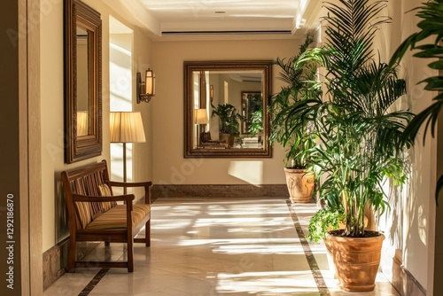 Softly lit hallway with a large mirror, wooden bench, and potted plants.
