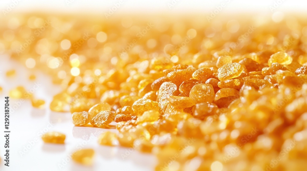 Close-up of amber-colored gemstones, pile on white surface, blurred golden background. Use Jewelry design, product display Close-up of amber-colored gemstones, pile on white surface, blurred golden background. Use Jewelry design, product display