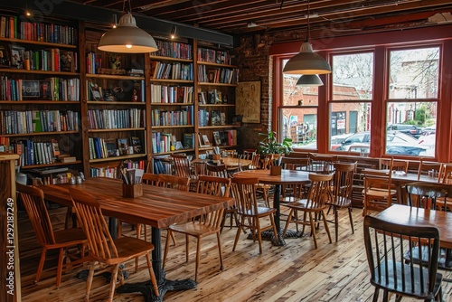 Wallpaper Mural Warm and cozy café interior with wooden tables, hanging lights, and bookshelves. Torontodigital.ca