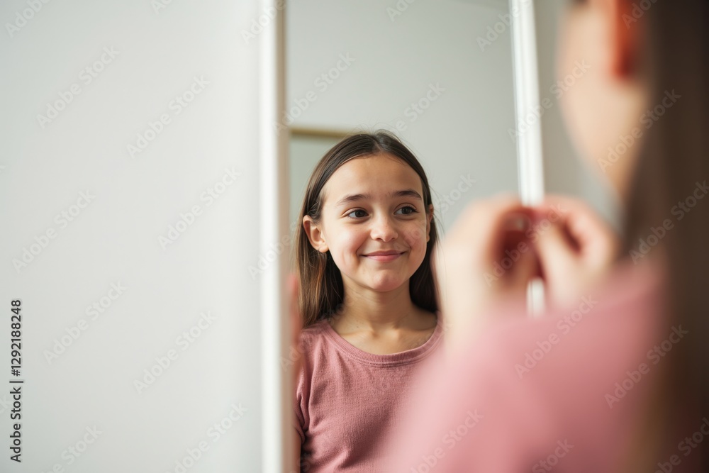 A Young Latina Girl Smiling at Her Reflection in a Mirror During a Moment of Self-Admiration in a Bright Room A Young Latina Girl Smiling at Her Reflection in a Mirror During a Moment of Self-Admiration in a Bright Room